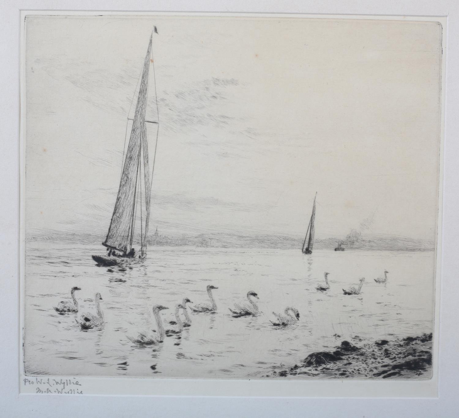 AFTER WILLIAM LIONEL WYLLIE (1851-1931), 'Swan Song', swans on the solent, drypoint etching,