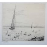 AFTER WILLIAM LIONEL WYLLIE (1851-1931), 'Swan Song', swans on the solent, drypoint etching,