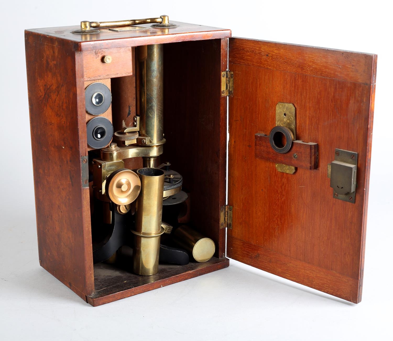 A VICTORIAN BRASS MICROSCOPE BY H HUGHES & SON, 59 Fenchurch St, London, with additional lenses in a - Image 3 of 7