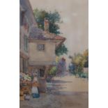 ARTHUR NETHERWOOD (1864-1930), Continental village street scene with figure shopping at a