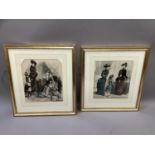 A pair of 19th century fashion plates, hand tinted engravings, 26.5cm by 22.5cm, gilt frames