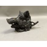 A reproduction bronzed metal boars head ink well (no liner), 11cm high by 18cm long