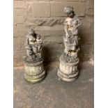 Two cast concrete garden statues in the form of females, raised on plinths, approximately 93cm and