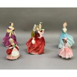 Six Royal Doulton figures including 'Enchantment', 'Simone', 'Adrienne', 'Autumn Breezes', 'Valerie'