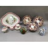 19th century English china quatrefoil tray, teapot, covered sugar bowl, cup and two saucers,