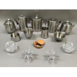 Old Hall stainless steel tea pot, hot water jug, sugar and cream, an ice pail and a swan brand