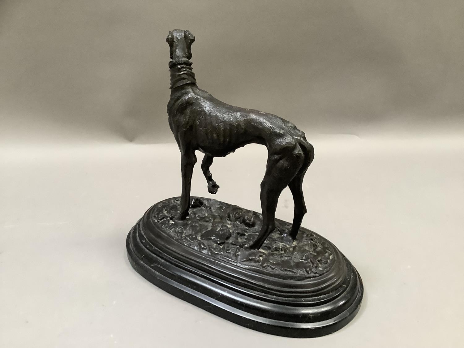 A reproduction bronzed figure of a greyhound standing on naturalistic ground, after Mene, raised - Image 3 of 4
