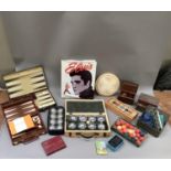 Portable backgammon boards, two sets of boules one in a wooden case, snooker ball set, solitaire