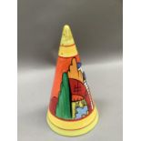 An Emilio James limited edition conical sugar sifter in the style of Clarice Cliff, painted with