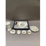 Aynsley china cake plate and knife, various pin trays and dishes, heart shaped box, vase etc