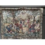 A modern tapestry panel woven within a medieval harvesting scene complete with hanging pole, the