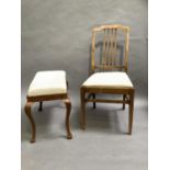 A mahogany single chair with railed back, upholstered seat, square tapered legs and a mahogany stool