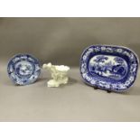 A 19th century pearl ware plate printed in blue and white with Domestic Cattle pattern depicting a