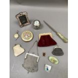 Various purses, compact, toilet jar, map measurer, photograph frame etc