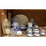 A large Victorian blue and white toilet jug, part coffee services, soup plates and bowls, jasperware