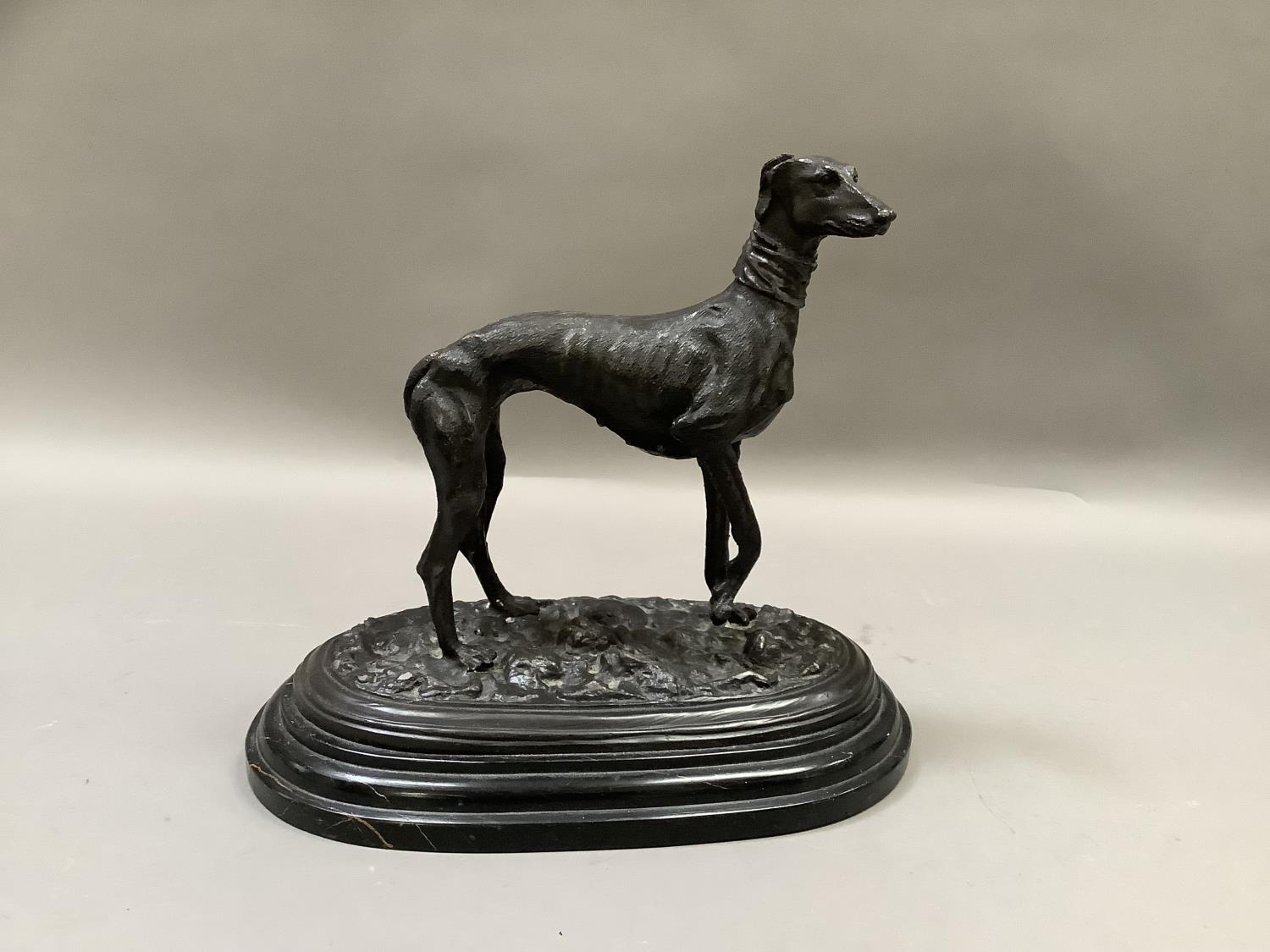 A reproduction bronzed figure of a greyhound standing on naturalistic ground, after Mene, raised - Image 2 of 4