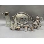 An EPNS two handled gallery tray, a four piece silver plated tea and coffee service with sugar and