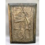 A brass embossed plaque of La Vague after L. Bastian, Mars 1913, mounted on a wooden plaque, 80cm by