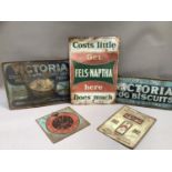 Five vintage printed tin plate advertising signs, the first for Victoria Dry Chick Feed, Victoria
