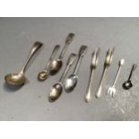A collection of silver teaspoons, mustard spoons and cake forks, c. 1830-1930, total approx.