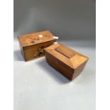 A 19th century mahogany two division tea caddy of sarcophagus shape on later feet and a Edwardian