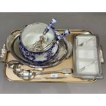 A Carlton ware blue and white salad bowl and matching salad servers, oddments of cutlery, a large