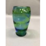 A 1930's optically ribbed glass vase in shades of blue and green, 20.5cm high
