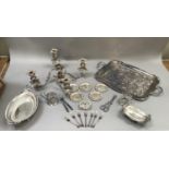 A two handled silver plated tray, two handled cake basket, pedestal dish, a pair of filigree glass
