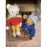 Soft toys including Rupert Bear and two Paddington Bears