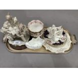 Creamware plate, Copelands vase, continental figure group of children with wheel barrow, Coalport