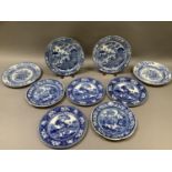Nine 19th century blue and white transfer printed plates, including a pair of pearlware plates