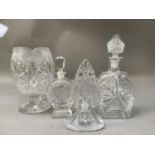 A cut glass flower vase, a wedge shaped decanter and two Lalique style perfume bottles