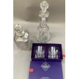 A pair of Edinburgh crystal whisky glasses in box, a silver collared cut glass spirit decanter and a