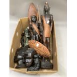 A pair of hardwood carved African figures, two busts, a hard stone bust etc