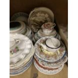 A large collection of decorative plates and tea ware, feeding cup, comports, ribbon plate etc