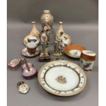 Gilt metal mounted china trinket boxes and caskets, scent flask, cherub painted plate, pair and