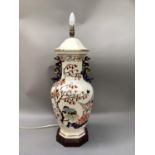A very large Mason's ironstone table lamp printed and enamelled with peonies and songbirds, with two