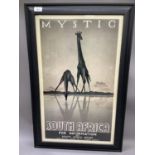 A pair of reproduction 1920's travel posters, Safari and Mystic, in black and white, 69.5cm by 42cm