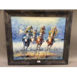 Horse racing scene, oil, indistinctly signed to lower right, 51cm by 61.5cm