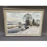 Walter Horsnell, Yorkshire, Hampsthwaite under snow, River Nidd and churchyard, watercolour,