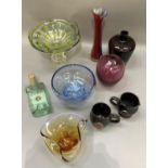 Mid 20th century coloured glass ware including vases, pedestal bowl and a hand thrown brown glazed