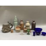 Salt glaze and stoneware bottles, jars and jugs, a vintage pop bottle, blue glass liners etc