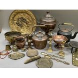 Two kettles, brass fruit bowl, copper tray and other items