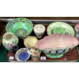 A collection of Maling ware including pedestal fruit bowl, fan shaped vase, dishes, preserve pot,