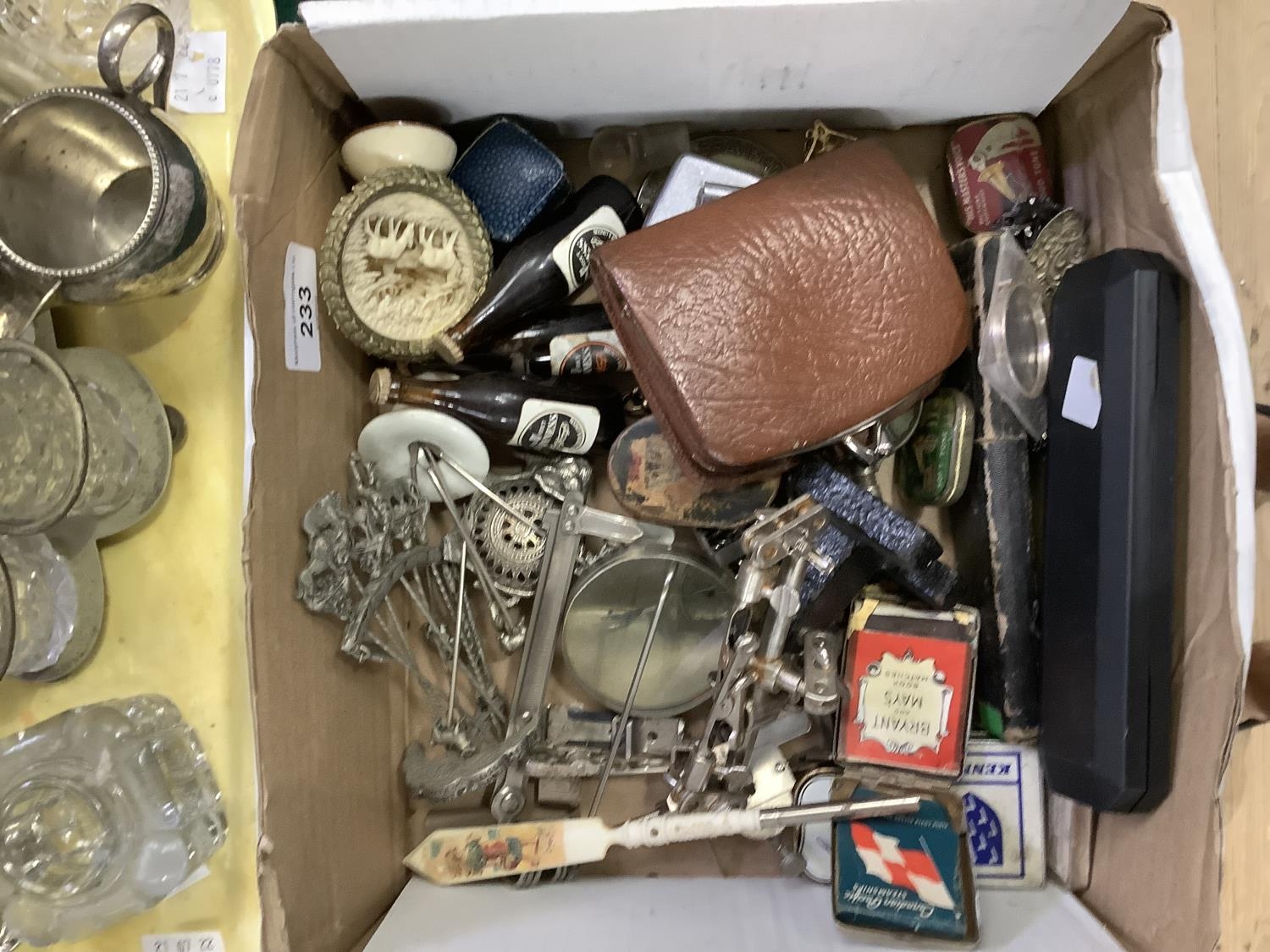 A quantity of items including miniature Guinness bottles, snuff box, Stanhope Calais pen, cut throat