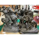 A pair of spelter Marly horses with attendants, a pair of knights on horseback and a pair of clock