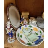 Two Dresden style figures, Charles Farris Ltd tin boxes, seafood platter, casserole pot and cover,