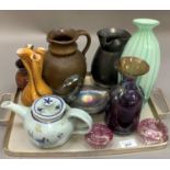 Studio glass and pottery including jugs, teapot, impressed Wardman, striped marble and lustre