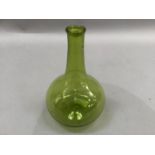 A green Venetian glass bottle of onion shape with drawn neck, rough pontil mark, 17cm high