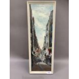 Kingwood, Continental city street scene with figures, oil on board, signed to lower left, 59cm x